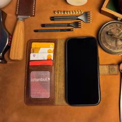 BİDERİ PATARA IPHONE 17 PRO HAKİKİ DERİ CÜZDAN KILIF KAHVERENGİ