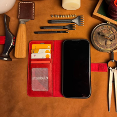 BİDERİ PATARA IPHONE 17 HAKİKİ DERİ CÜZDAN KILIF KIRMIZI