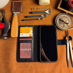 BİDERİ PATARA IPHONE 17 HAKİKİ DERİ CÜZDAN KILIF LACİVERT