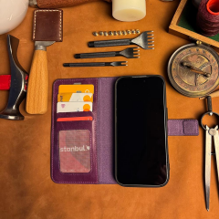 BİDERİ PATARA IPHONE 17 PRO HAKİKİ DERİ CÜZDAN KILIF MOR