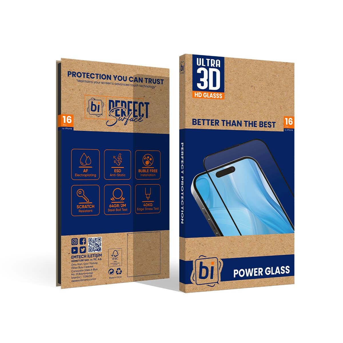 Bİ 3D POWER GLASS IPHONE 16 PRO EKRAN KORUYUCU